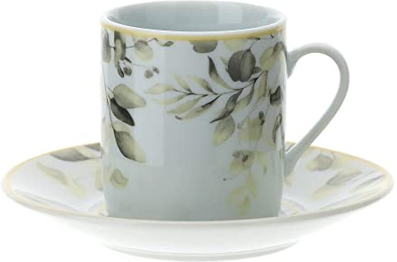 Hervit Set Due tazzine caffè Giallo con piattino in Porcellana Botanic Ø9x5 cm