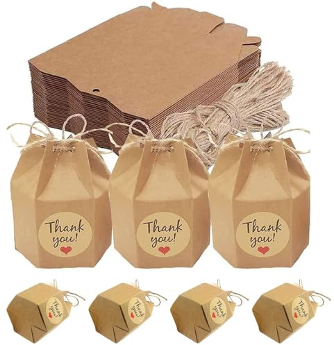 50 Stk DIY Party Geschenkboxen, Geschenkbox Klein, Kraftpapier Box, Hexagon | Kleine Geschenkbox, Sechseckig Bastel Papier Box Mit Danke Aufkleber Für Hochzeit, Party, Valentinstag, Braun
