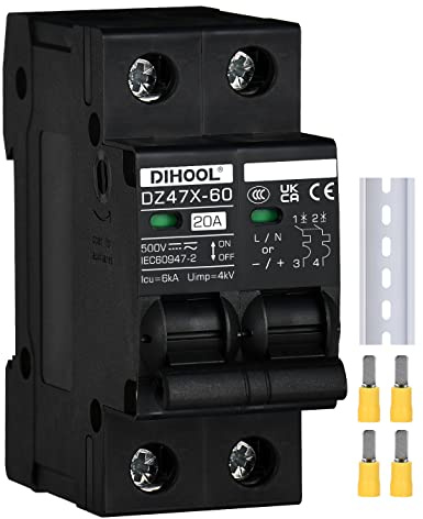 DIHOOL DC disjoncteur 12V 24V solaire PV disjoncteur fusible photovoltaïque automatique (DC500V,2 pôles,20 ampères)