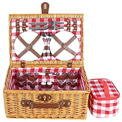 BASII Handgefertigter Picknickkorb für 4 Personen, tragbarer Picknickkorb mit isoliertem Fach und Zubehörset, Faltbarer Aufbewahrungskorb, 47 x 31 x 20 cm, b