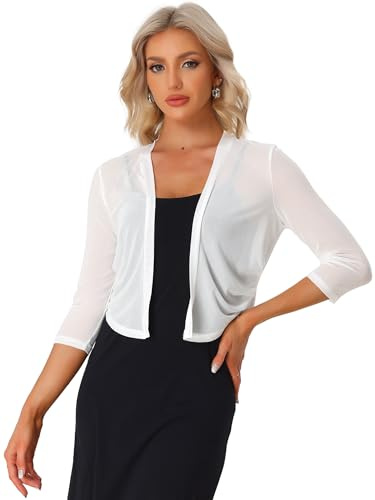 Allegra K Sheer Mesh Bolero Shrugs för kvinnor elegant 3/4 ärm lättvikt skuren kofta, Vit, XS