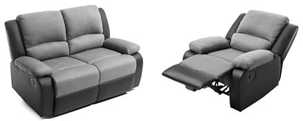 Loungitude - DETENTE - Canapé de Relaxation, Ensemble 2 +L1 Places - Manuel - en Simili/Microfibre - Gris/Noir