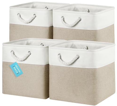 OrganiHaus Juego de 4 Cubos de Almacenamiento de 30x30cm, Cestas de Tela con Asas de Cuerda, Cubos de Almacenamiento Plegables para Librería Kallax, Contenedores para Guardería- Beige/Blanco