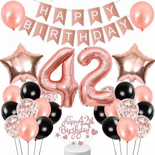 Conruich 42. Geburtstagsdeko für Frauen und Männer - Rosegold Luftballons, Tortendeko, Happy Birthday Banner - Party Dekoration