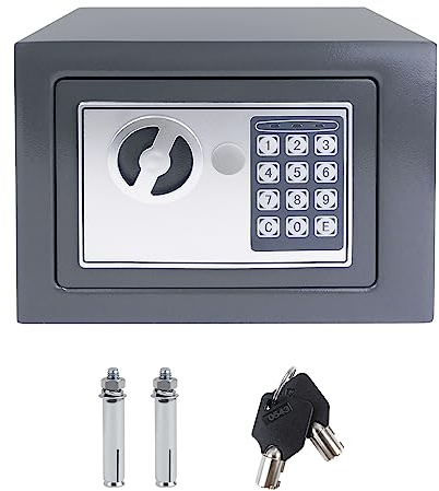 Tresor Kleiner 4,6L Elektronischer Safe Sicherheitskasten Möbeltresor Wandtresor Sicherheitsschrank mit Zahlenschloss und Schlüssel Für Schmuck Bargeld 23x17x17 cm (Grau)