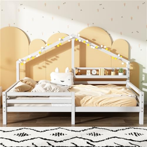 Ntxplora Hausbett Kinderbett 90x200 Weiß mit Ablageregal Kaminform - Skandinavischer Stil Funktionalität und Sicherheit für entspanntes Schlafen und Spielen