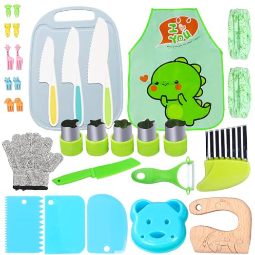AIVORO Kindermesser 32 Teiliges, Montessori Messer, Kinder Sicherheit Küchenmesser Set mit Kinder Kochmesser, Holzmesser, Sparschäler Kinder, Schneidebrett, Kindermesser ab 2 Jahre, Kinder Kochset