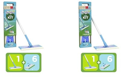 Swiffer Wet Kit, Balai-Laveur + 6 Lingettes Humides Nettoyantes pour Sols Humides, Antibactérien, Dissout, Absorbe Et Emprisonne La Saleté, Tête Pivotante 360° (Lot de 2)