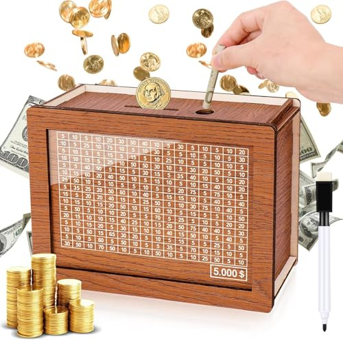 Homgaty Wooden Money Box Money Bank, Countdown Money Saving Box with 5000 Dollars Target, Money Box with Money Target and Numbers to Check for Boys Girls (5000 USD)