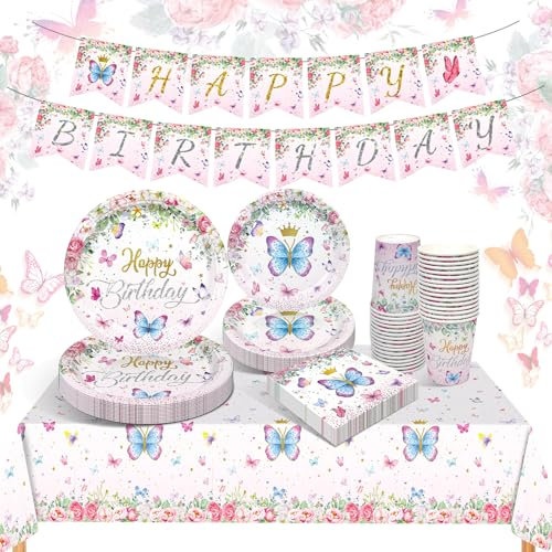 Puosike Papillon Thème Vaisselle Anniversaire Kit, 66 Pièces Vaisselles Jetables Anniversaire - Assiettes, Gobelets en Papier, Bannière, Nappe Papillon pour Fête D'anniversaire de Filles 16 Invités