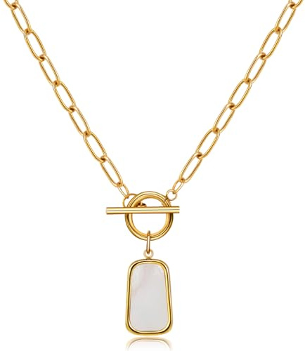 ELKEYE Natural White Sea Shell OT Clasp Long Plate Pendant Necklace For Women Trendy Elegant in Color and Luster Titanium Steel Electroplated with 18K Gold Necklace