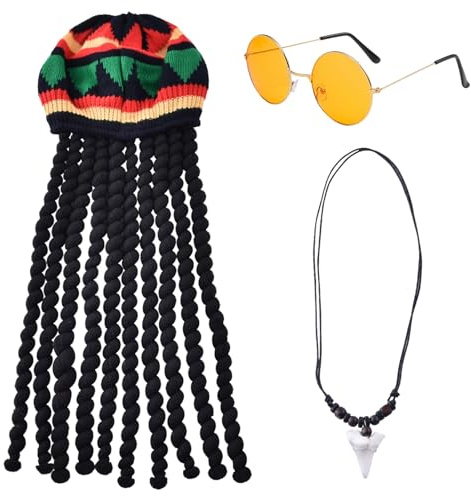 BDSHUNBF 3 stycken Rasta-hatt, Dreadlocks rast, Jamaicansk kostymtillbehör