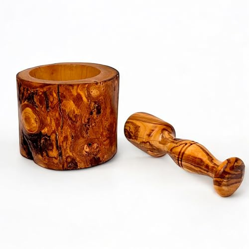 Mortier et pilon en bois d'olivier rustique naturel | Moulin à épices et herbes fait à la main avec pilon, noix, presse-ail | Essentiels de cuisine décoration rustique (bois naturel, 9 cm)
