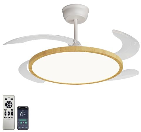 Grande Lampadario Con Ventilatore Da Soffitto Con Telecomando, Dimmerabile Cameretta Lampadario Ventilatore Reversibile 6 Velocità Silenzioso Ventola Soffitto Con Luce Soggiorno, Legno Bianco 36IN