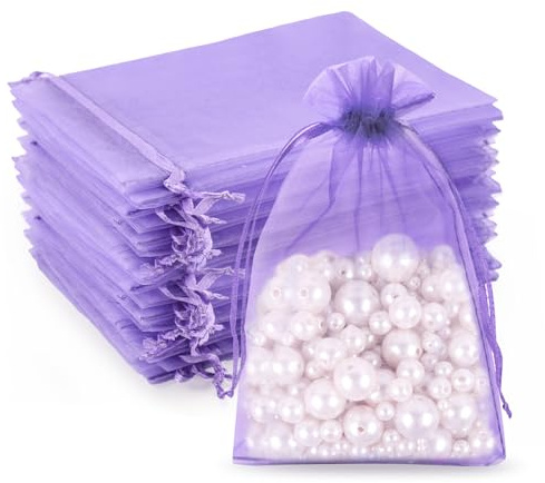 G2PLUS Lilac Organza Gift Pouches, 10x15 CM Medium Favour Bags, 50 PCS | Wedding Jewelry Bags, Clear Mesh Pouches Perfect for Wedding, Christmas, Birthday, Anniversary
