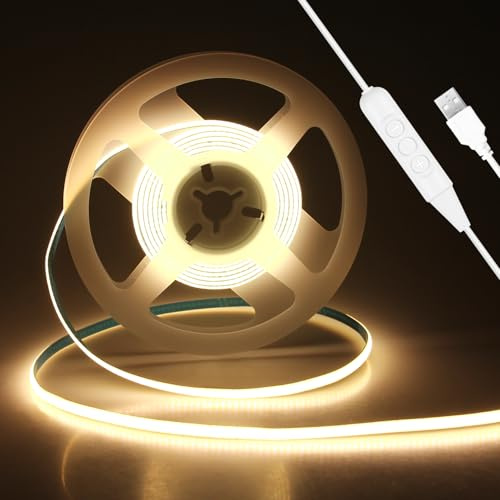 ALITOVE Dimmbar USB COB LED Streifen 2M 5mm Breit 5V Warmweiss 3000K 800LEDs Lichtband Selbstklebend mit Schalter für Schlafzimmer TV Hintergrundbeleuchtung Wandküchendekor DIY Lighting