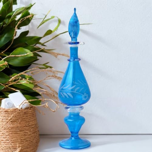 Ornamenta Handmade Blue Glass Perfume Bottle with Etched Floral and Stopper | Refillable Decorative Bottle for Fragrances, Essential Oils, Cologne | Art Glass Decanter for Home Décor and Gift Giving