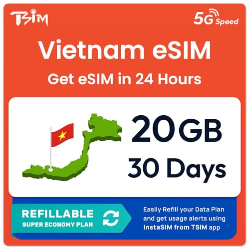 Vietnam eSIM | 20GB | 30 Tage | Nachfüllbarer Tarif | 5G Geschwindigkeit |Hotspot| Nur-Daten. QR-Code Wird innerhalb von 24 Stunden gesendet, scannen zur Aktivierung, Keine Telefonnummer enthalten.