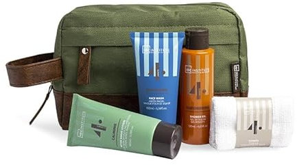 IDC Institute 4 Elements Men's Wash Bag – Set da Viaggio Uomo con Gel Doccia, Detergente Viso, Lozione Dopobarba, Asciugamano e Trousse Verde 15x23x10 cm