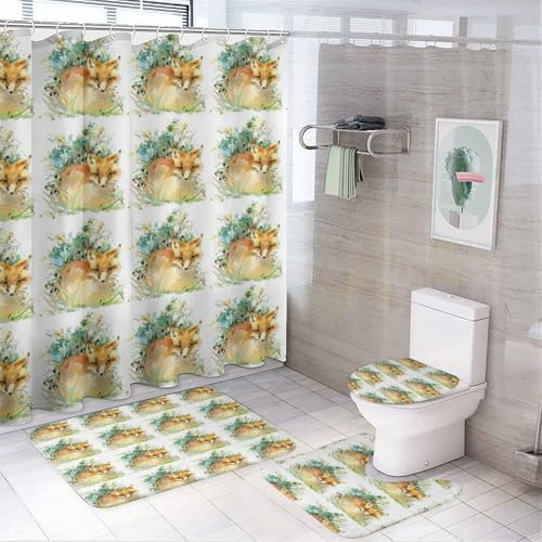 4 Pcs Shower Curtain with Matching Doormat Sets, Bath Curtain with Rugs(U Shape Mat, Bath Mat, Toilet Lid Cover Mat) with Hooks Print Watercolor Forest Orange Fox with Green Grass on White