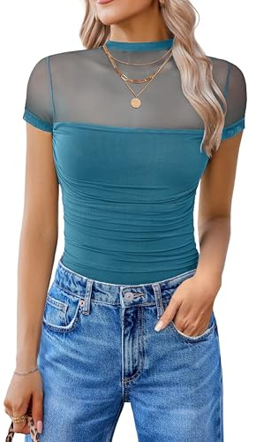 Avidlove Women's Short Sleeve Bodysuit Turtle Neck Dressy Body Suits Mesh One Piece Business Casual Bodysuit