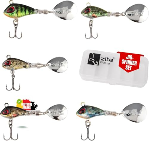 Zite Fishing Jigspinner Set | 5 Stück Spin Jig Barschköder 5g, 10g, 15g | Spinner Barschangeln Zanderangeln | Raubfischköder für Barsch, Zander & Hecht | Spinn-Köder ink. Tackle-Box
