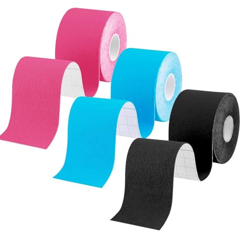 Gotaqery Kinesiology Tape 3 Rolls (5cm x 5m), Sports Tape, Waterproof Elastic Muscle Support Tape for Exercise, Sports & Injury Recovery, Breathable & Latex Free (3 Rolls: Black+Blue+Pink)