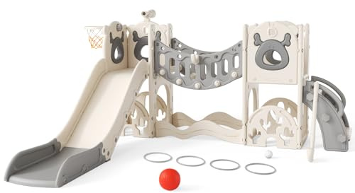 kinderpool mit rutsche,Kinder Rutsche Mit Klettergerüst, Basketballkorb Und Tunnel, Indoor-Kunststoffrutschenset Für Kinde (A)