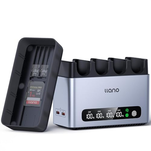 llano 65W 4-Slot LP-E6NH LP-E6P Battery Charger - Fast Charging for Canon EOS R6 Mark II,R5 Mark II, R5, R6, R, R7,5D/6D Mark II/III/IV, 5Ds, 90D,80D Cameras,Smart Digital Display,Magnetic Storage Lid