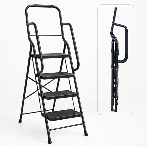 Bestfor Folding Ladder 4 Step, Cushioned Hand Rails, Extra Wide Non-Slip Steps, 150kg Limit, Durable Steel, Easy Fold & Carry, Space Saving, Black Step Ladder for DIY and Decorating