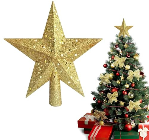 Christbaumspitze Stern Gold,Glitzer Weihnachten Baumspitze Stern Christbaumschmuck Topper Ornament,20cm Pentagramm Baumspitze Weihnachtsbaum Spitze Toppers für Xmas Home Party Dekoration
