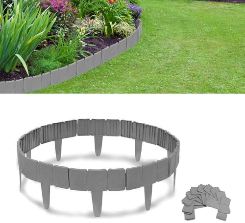 Rasenkante Kunstoff, 10m Flexibler Steinoptik Beeteinfassung, 40 Stücke PP Beetumrandungen Mähkante, Rasenkanten Steinoptik Palisade für Blumen Gartenzaun Decorativ, L 25 x H 23 cm - Grau
