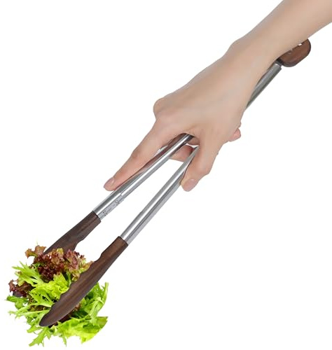 CookLoomara Wooden Tongs for Cooking, 15 Inch Kitchen Walnut Wood Tong with Stainless Steel Handle, Utensils for Food Serving, Salad, Toaster, Grilling, BBQ