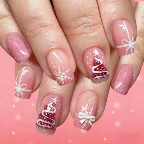 Lot de 24 ongles press on nails - De Noël - Rose dégradé - À coller - Faux ongles en acrylique à coller - Couverture complète - Pour femmes et filles - Manucure Nail Art (rose pailleté)