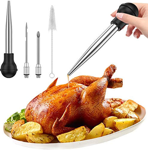 Turkey Baster Syringe for Cooking,Stainless Steel Long Turkey Baster,Including Meat Injector Needle and Cleaning Brush,Kitchen Gadget for Oiling and Marinating Chicken Beef Fish Meat (1 Set)