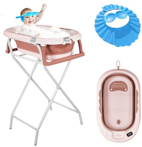 Homewell XXL Baignoire Bébé Pliable Sur Pied, Baignoire Enfant avec Coussin Support, Thermomètre à eau et Rince Tete Bebe, 82 * 42 * 22cm (Rose)