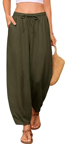 PASUDA Pantalones Mujer Verano 7/8 Largos Pantalón Cintura Alta Elástico Casual Pantalon Cómodos Frescos Pantalones Ligero Flojo Playa Pantalón con Bolsillos y Cordón(Verde Militar,XL)
