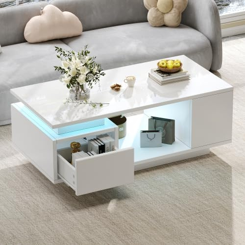 Merax Hochglanz Couchtisch mit LED-Beleuchtung & Schublade – 100x50x36 cm Sofatisch, Wohnzimmertisch mit 4 Seitlichen Ablagefächern, Minimalistischer Kaffeetisch in Weiß