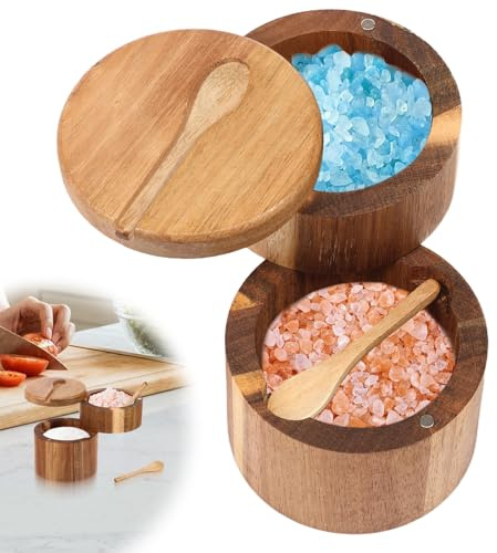 Acacia Wood Salt Cellar Salt and Pepper Pinch Pots with Built in Spoon and Magnetic Swivel Lid Round Spice Box Kitchen Spice Cooking Seasonings Keeper for Storing Pepper Sugar Sea Salts Herbs