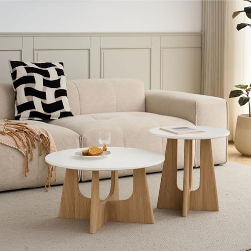 DEYARNA HOME 2er Set Runder Satztisch, Moderner Couchtisch Kleiner Beistelltisch mit Holzgestell für Wohnzimmer, Schlafzimmer, Büro, Balkon (Weiß)