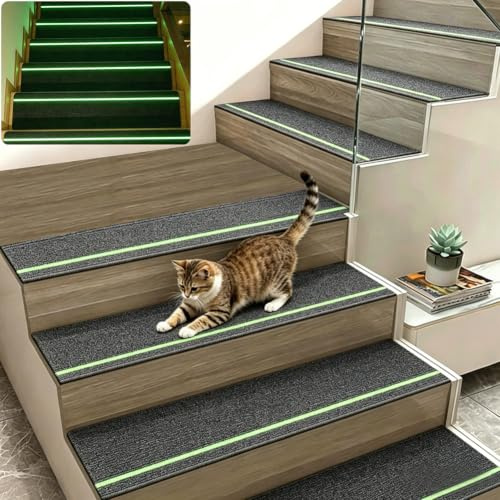 15 tappetini per scale con strisce che si illuminano al buio, autoadesivi, per scale in legno, 100% poliestere TPE, per bambini, anziani e animali domestici, 76 x 20 cm (grigio scuro)