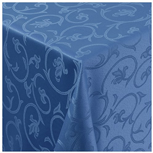 Tischdecke Damast Stoff Barock Tulpen Tischtuch Bügelarm oval 140x190 cm in Blau mit umgenähtem Rand Premium Qualität