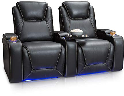 Seatcraft Equinox - Home Theater Seating - Living Room - Italian Leather - Power Recline - Powered Headrest and Lumbar Support - Arm Storage - USB Charging - Cup Holders - Row of 2, Black