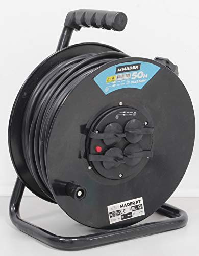 Mader Home Tools Cable Eléctrico Negro de Extensión Moderno con Enrollacable Metálico de 50m y Protección para Niños y Sobretensión