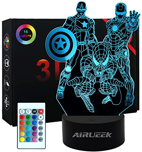 AIRUEEK Spiderman Veilleuse 3D Super Héros, -16 Variations De Couleurs/1 TéLécommande/1 Base Noire/avec réglage tactile Décoration De Chambre Créatif Iron Man, Captain America