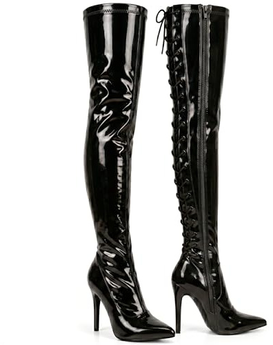 Women thigh high heel boots, Lace-up kinky fetish over the knee heels, elegant shoes with side zip and laces in Back, Ladies faux leather high heel boots (Black Patent, 11 UK, numeric_11)