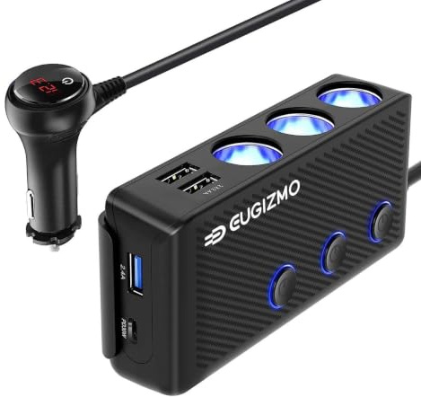 EUGIZMO 7 in 1 Cigarette Lighter Splitter,3 Socket 200W Car Charger Adapter | 12V/24V Plug Extension Cord PD 30W USB Power Phones GPS Dash Cams Accessories with Independent Switches LED Voltage Display