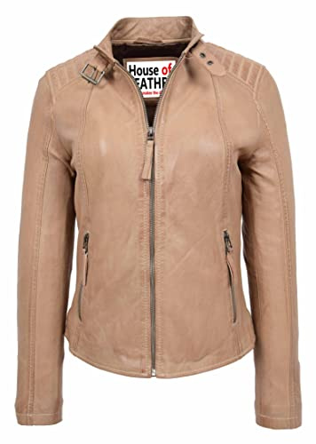 Giacca da donna in vera pelle classica stile motociclista, Sophia, Beige, 50