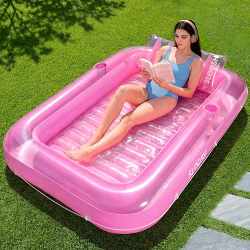SLOOSH Inflatable Tanning Pool Lounger Float, 70 x 46 Pool Floats Adult with Pillow, 4 in 1 Suntan Tub Raft Floatie,Sunbathing Bed Lounge for Water Blow Up Kids Ball Pit Party Gifts, L-Pink