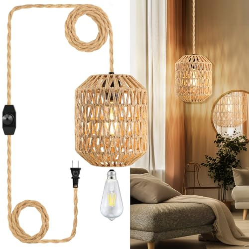 Plug In Pendant Light, 15FT Hemp Rope Cord,Hanging Lights With Plug In Cord Dimmable Rattan Hanging Lamp Wicker Woven Basket Lampshade, Industrial Plug In Ceiling Light Fixture For Kitchen (brown)